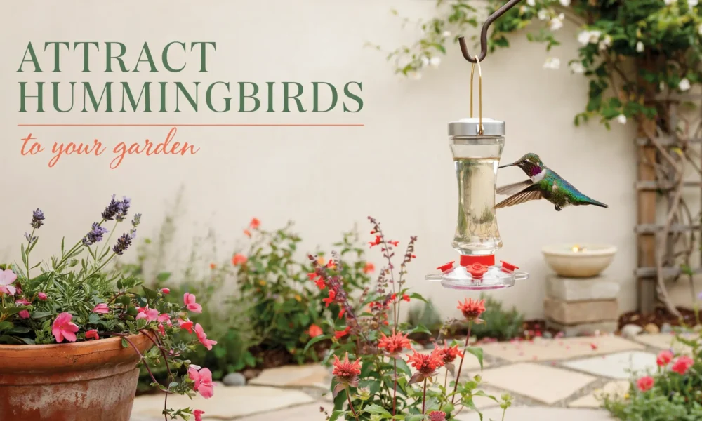 Green hummingbird hovering at a glass nectar feeder in a blooming garden.