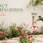 Green hummingbird hovering at a glass nectar feeder in a blooming garden.