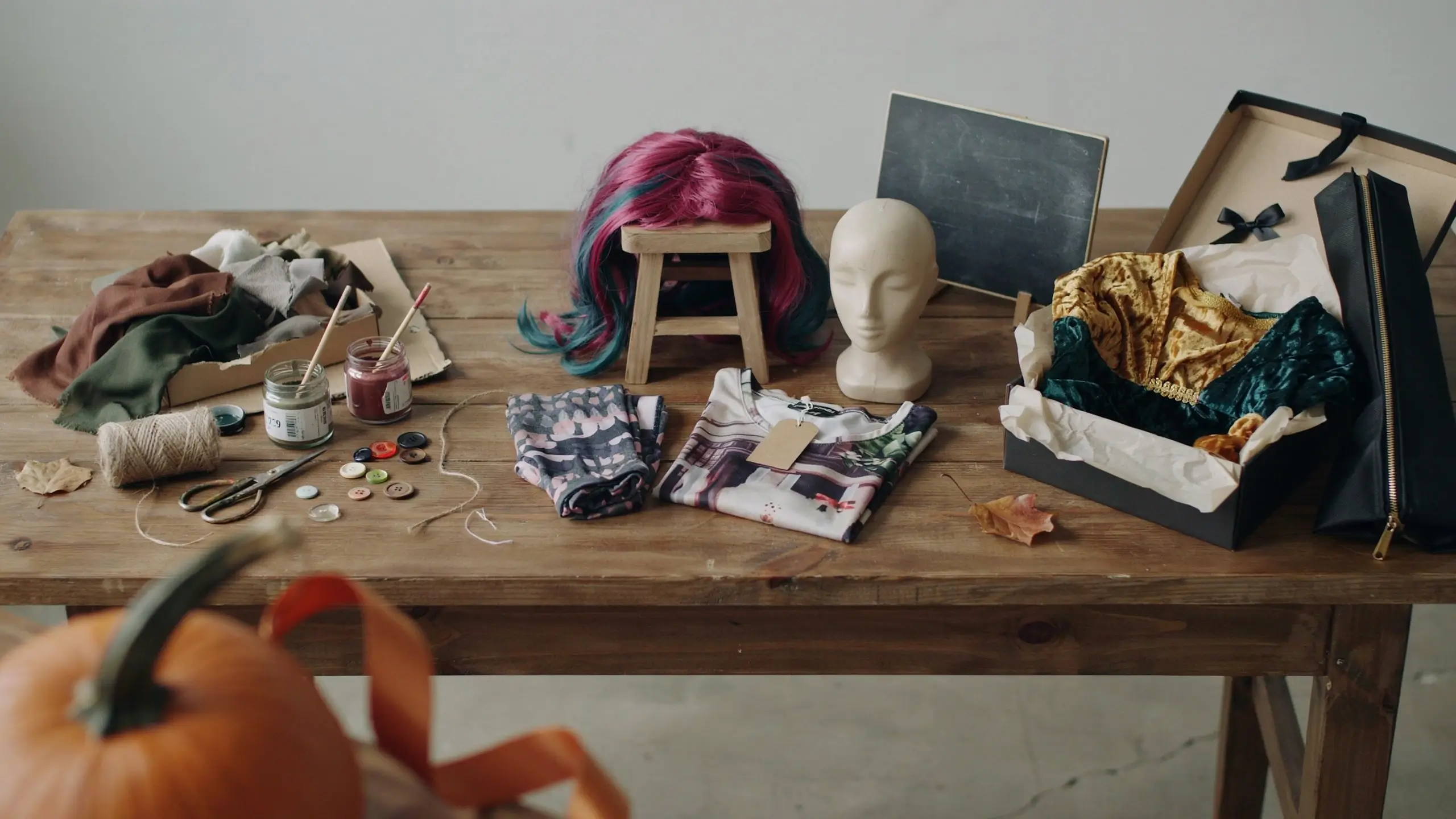 "A rustic wooden table displaying a mix of raw crafting materials and finished packaged garments, including a pink and teal wig on a miniature stool, a plaster mannequin head, scissors, fabric scraps, a black chalkboard, and a gift box holding green and gold velvet fabric, illustrating the tangible choices involved in a budget DIY fashion project." 