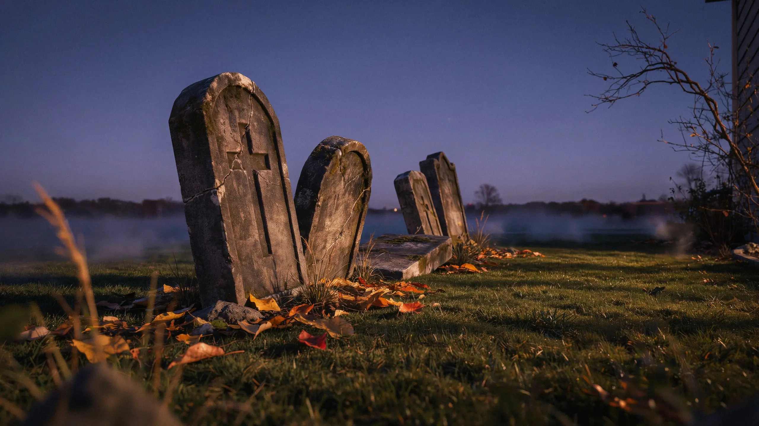 Weathered stone headstone featuring a carved cross in an autumn front yard graveyard at twilight, surrounded by fallen leaves and low-lying mist over a calm waterway. 