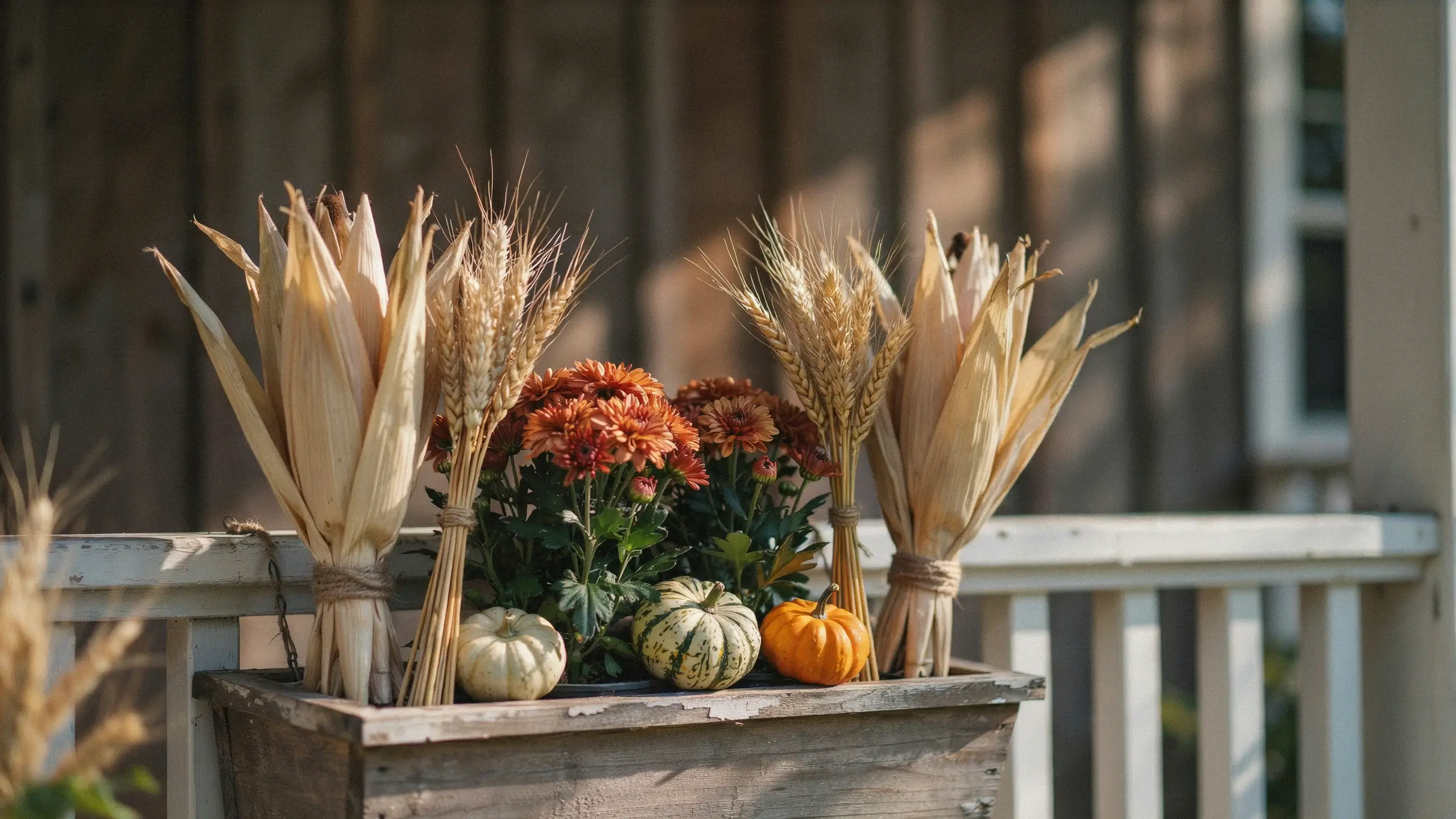 Rustic wooden planter box filled with tall dried corn husks, golden wheat stalks, orange chrysanthemums, and a trio of mini pumpkins (white, striped green, and orange) sitting on a white porch railing against a wooden background.