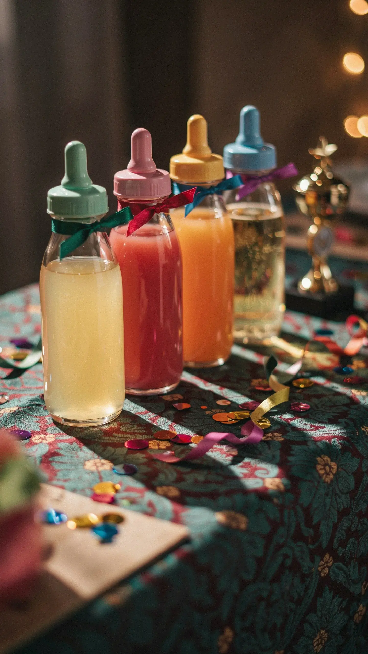 Four glass baby bottles filled with yellow, pink, orange, and clear beverages, featuring colored nipples and matching ribbon ties, set up on a festive floral tablecloth with scattered confetti and a gold trophy, representing a baby bottle chugging race game. 