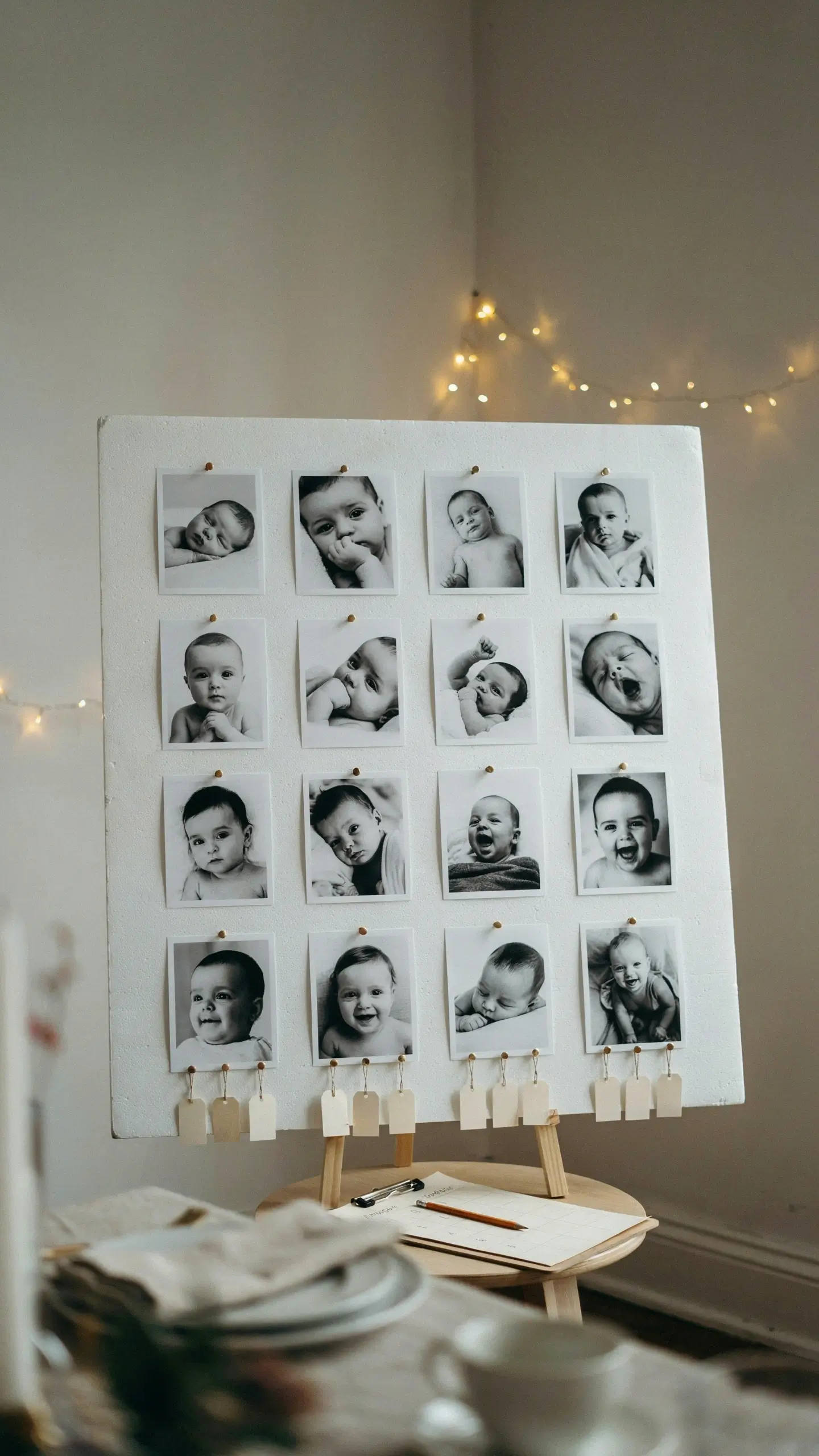 A white board displaying sixteen black-and-white baby photos pinned in a grid with blank hanging tags for guests to write guesses at a baby shower party. 