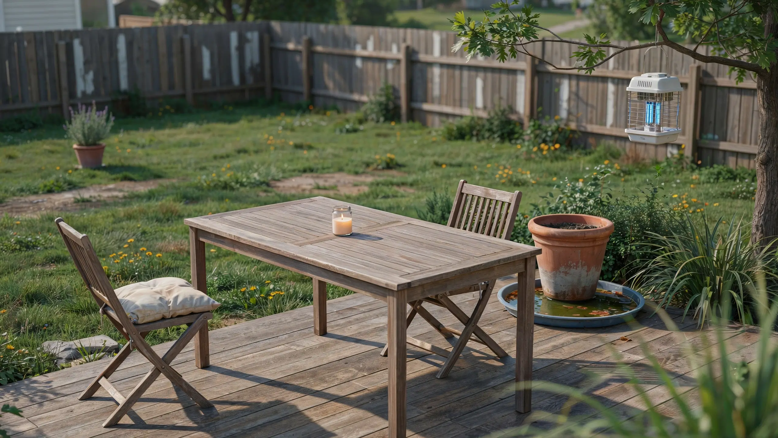 A wooden backyard deck with patio furniture, an electric bug zapper hanging from a tree, and a large terracotta pot with a saucer holding stagnant water, highlighting a common mosquito breeding mistake. 