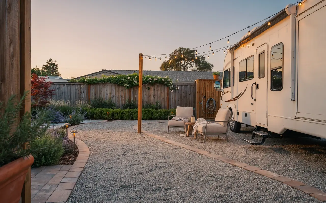 Backyard RV pad with gravel parking, string lights, seating, and garden landscaping at sunset