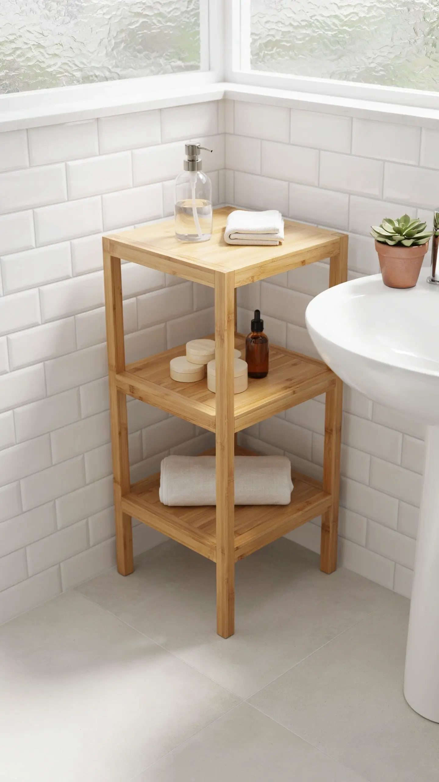 Three-tier bamboo corner shelf with soap dispenser, towels, and amber bottles in a white tiled bathroom next to a pedestal sink. 
