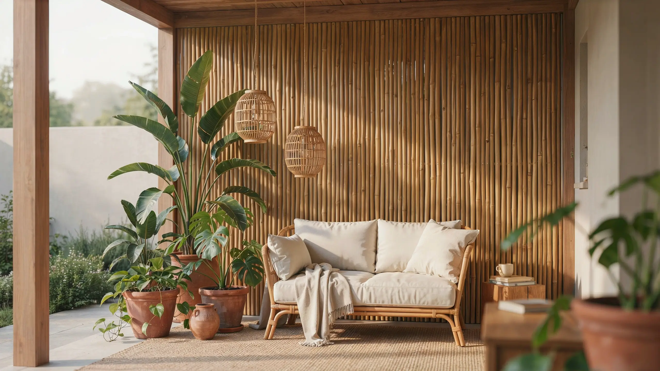 Cozy outdoor patio space using natural bamboo roll fencing as a privacy screen, featuring a rattan sofa, cream throw pillows, terracotta planters with lush tropical foliage, and hanging woven pendant lights for a warm, bohemian atmosphere. 