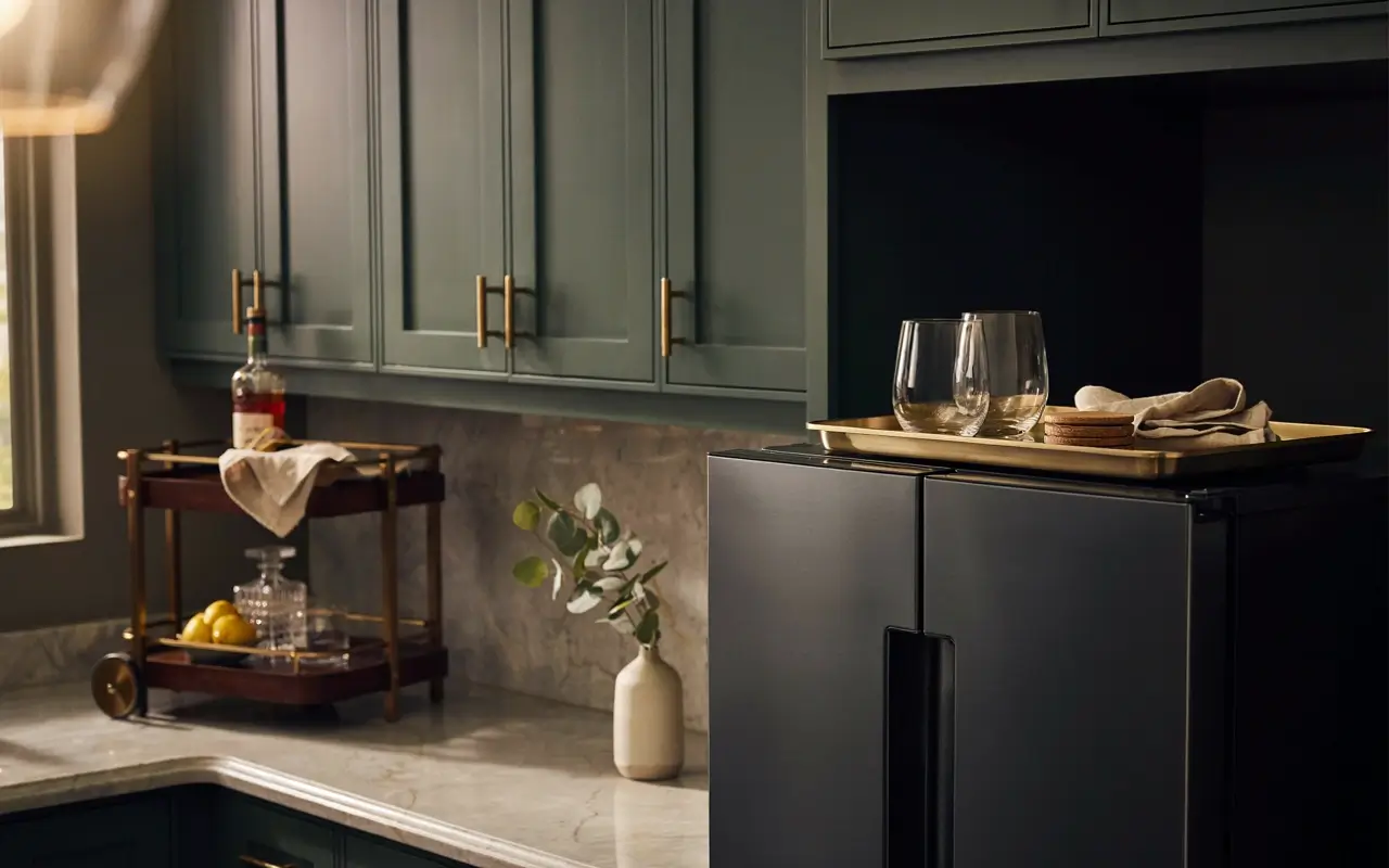 Gold overflow tray with glassware and linens displayed above a black refrigerator beside a bar cart.