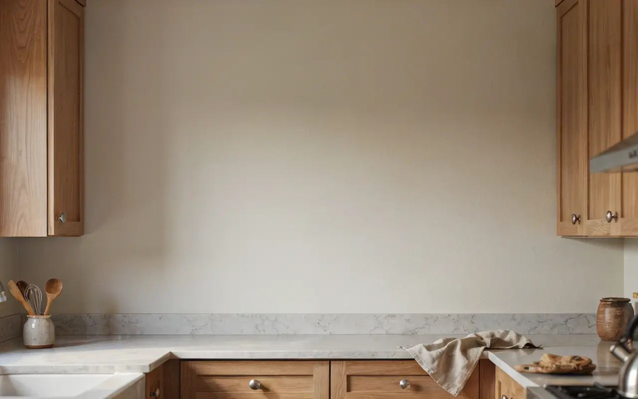 Warm wood kitchen with a bare wall above the marble counter and low backsplash for a calm, open look.
