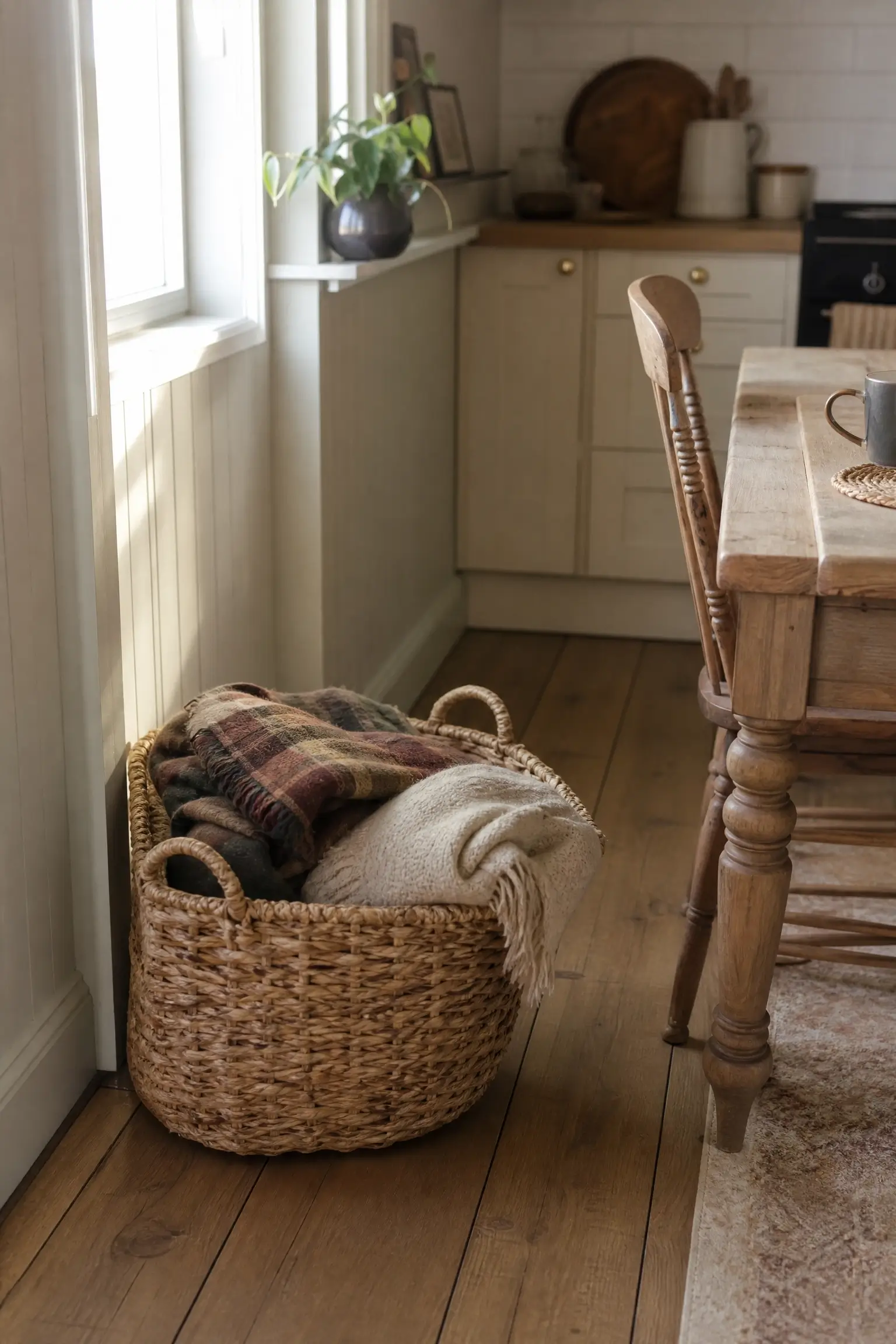 Woven basket of thick wool blankets beside a rustic kitchen table in soft morning light.