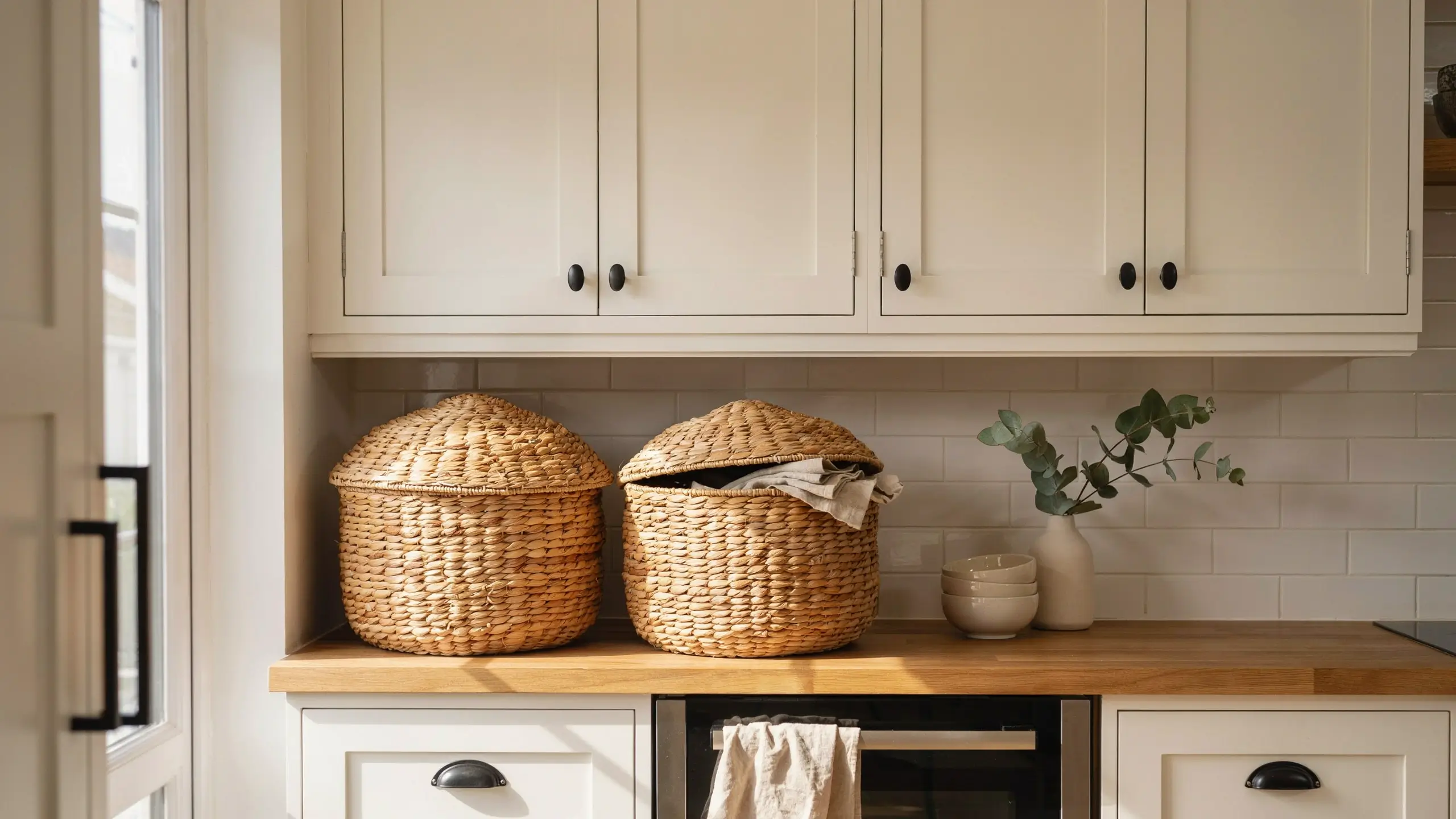 Woven lidded baskets providing hidden seasonal storage on a bright kitchen countertop.