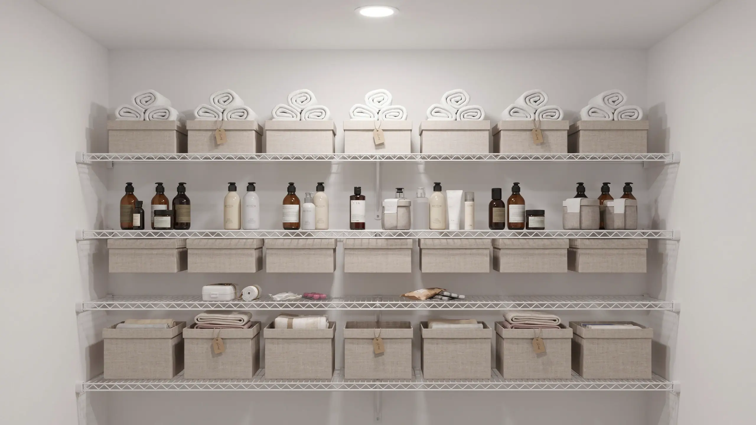 Beige DRONA fabric storage bins holding white towels and toiletries on white wire closet shelves. 