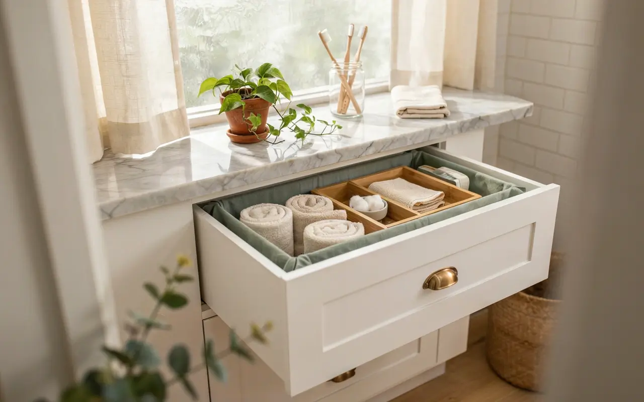 Open bathroom drawer with fabric liners, wooden organizers, towels, and toiletries under a marble windowsill