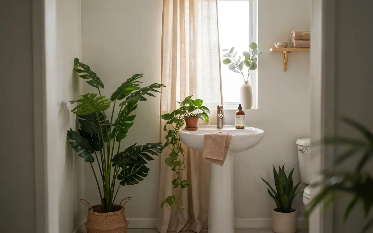 Small bathroom with real and faux plants around a pedestal sink and natural light