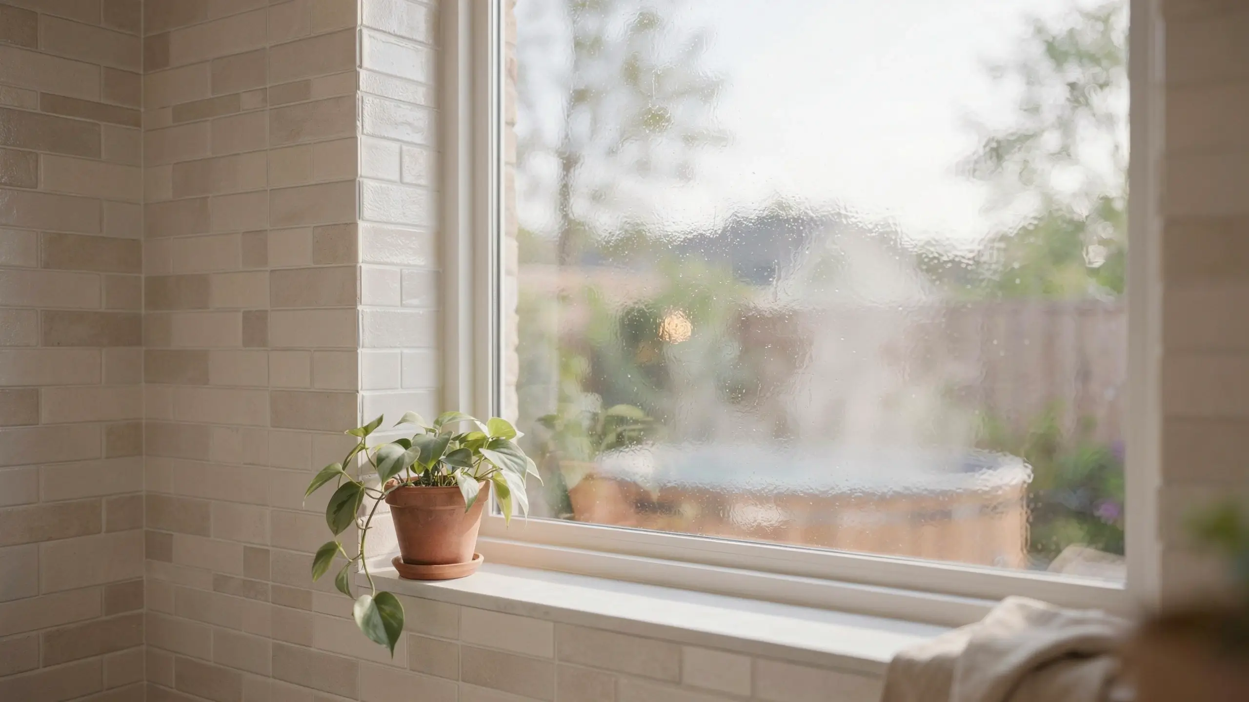 A bathroom window with frosted film, white subway tile wall, and a potted green plant on the sill, providing privacy while framing a view of a backyard hot tub.