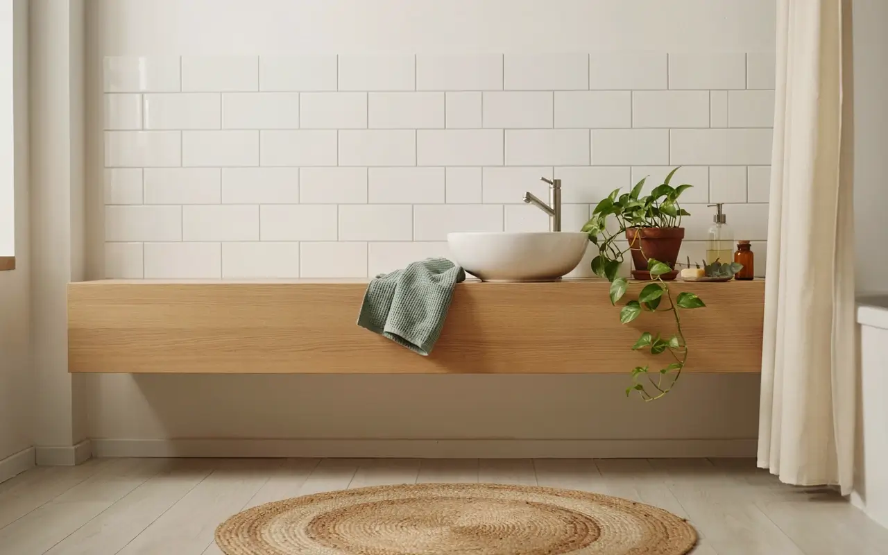White tile decal backsplash behind a modern bathroom sink with wood vanity and green plant.