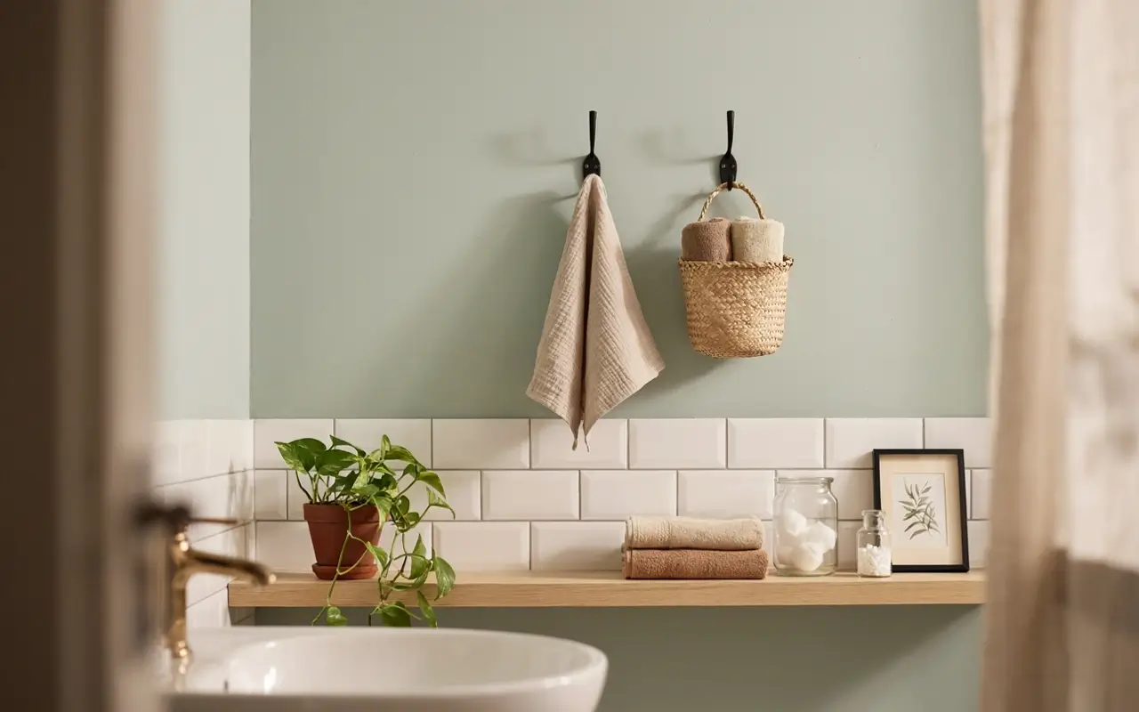 Bathroom wall hooks with towels and a woven basket above a floating shelf in a cozy bathroom.