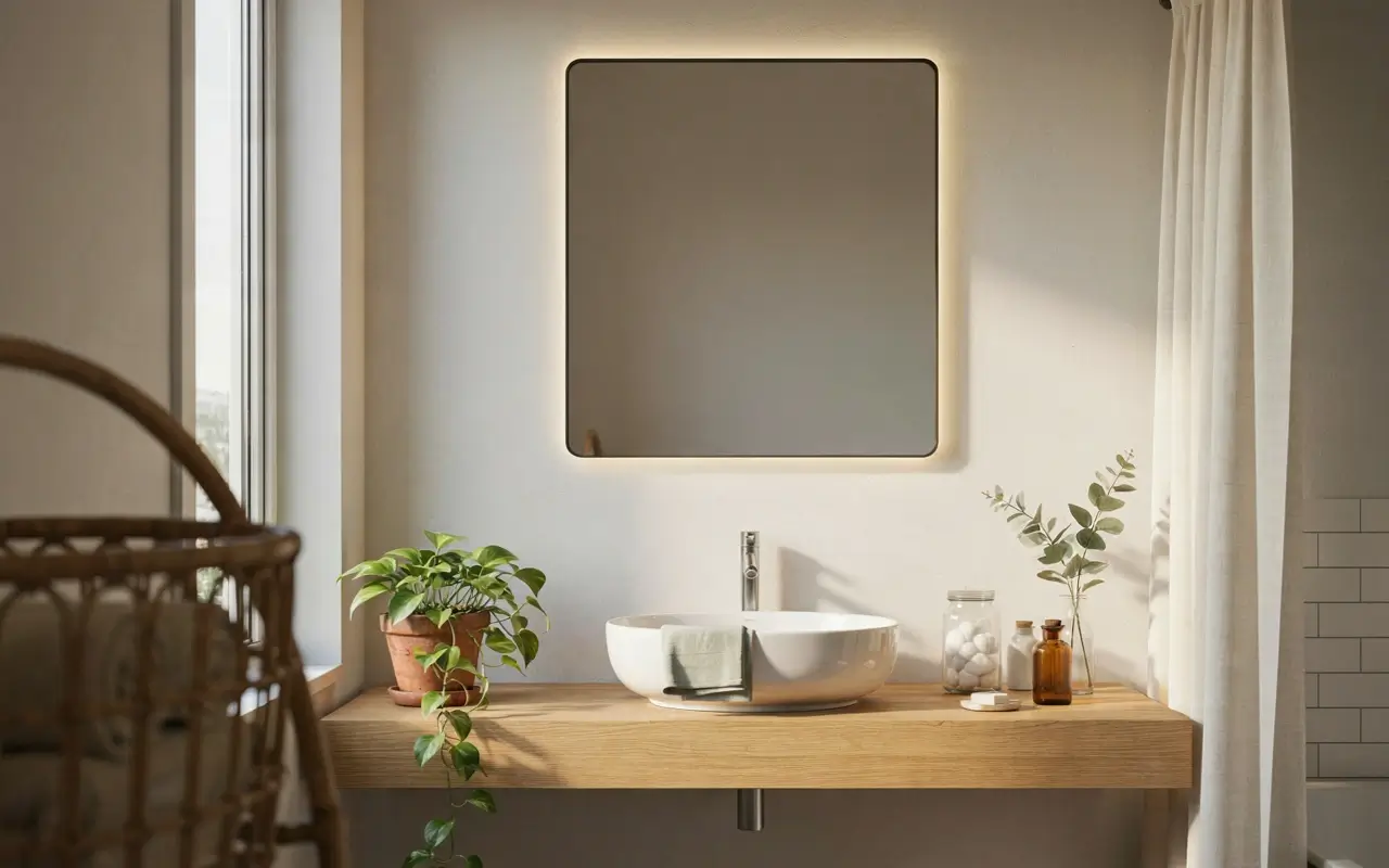 Bathroom mirror with warm battery LED strip lighting above a floating wood vanity