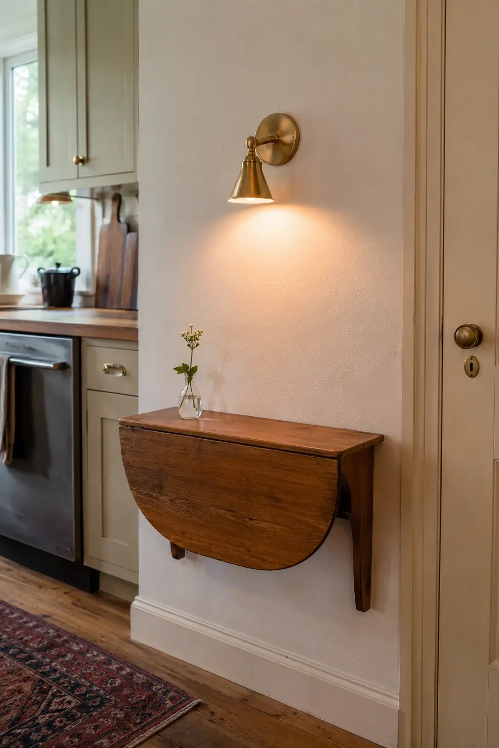 Battery-operated brass sconce above a tiny wall-mounted drop-leaf desk in a cozy cottage kitchen.
