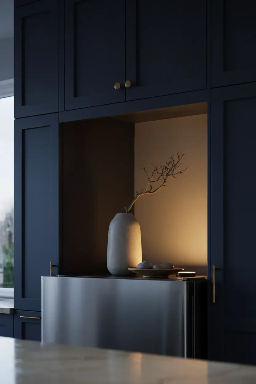 Battery-operated LED puck lights cast a warm glow behind a vase in a dark navy kitchen cabinet niche.