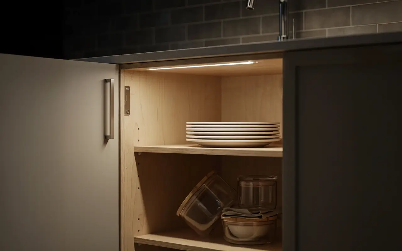 Battery-operated motion-sensor light illuminating dishes inside a dark lower kitchen cabinet