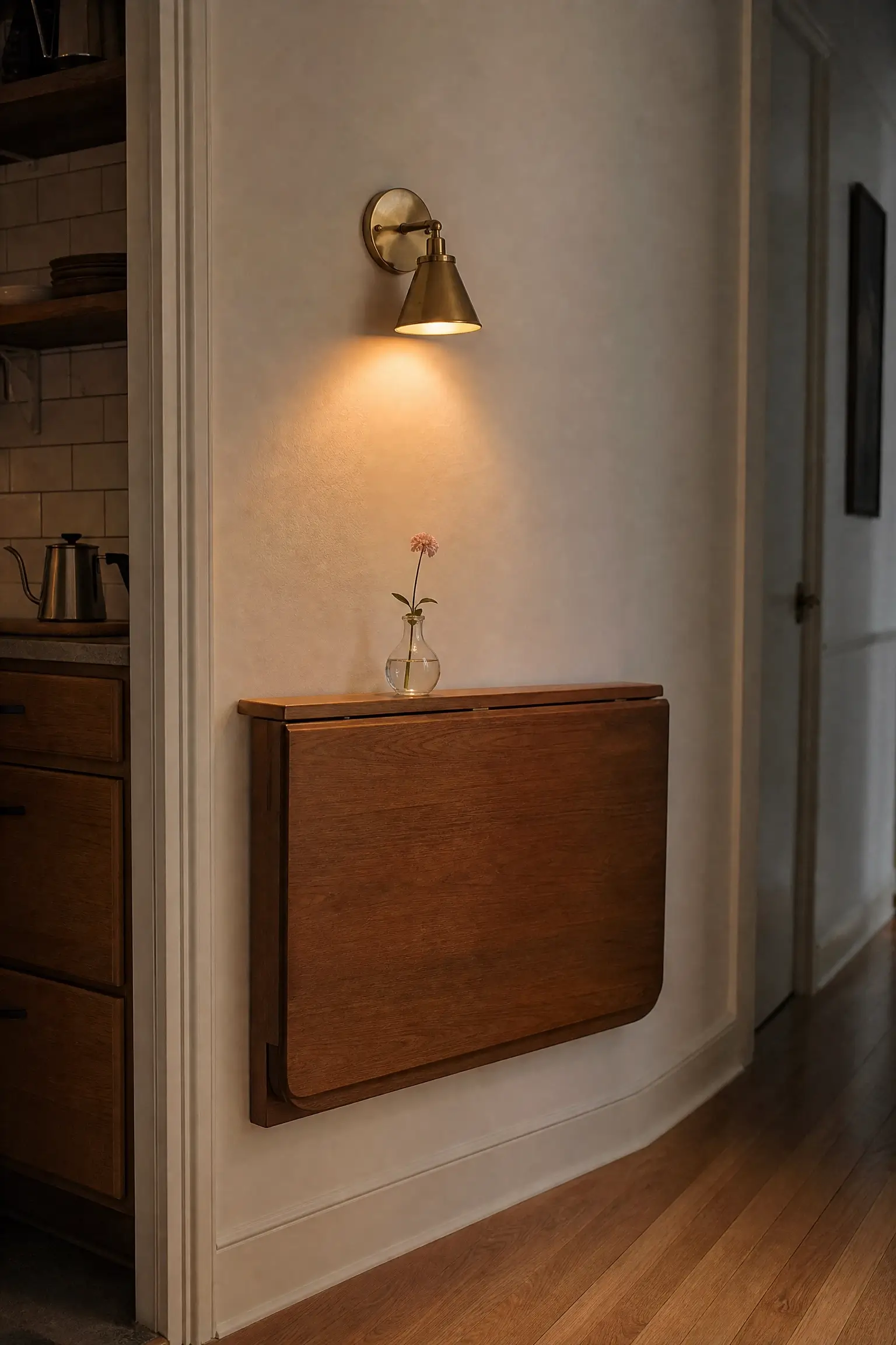 Battery-operated brass sconce glowing above a tiny wall-mounted wooden drop-leaf desk with a small flower vase.