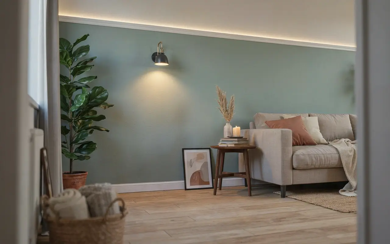 Cozy rental living room with battery wall sconce and LED strip lighting above a sage green accent wall.
