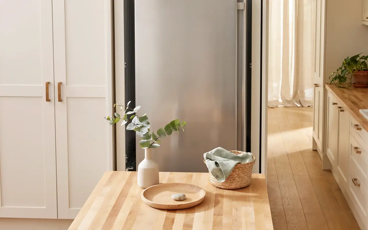 Stainless steel refrigerator in a bright white kitchen with wood counters, white cabinets and greenery.