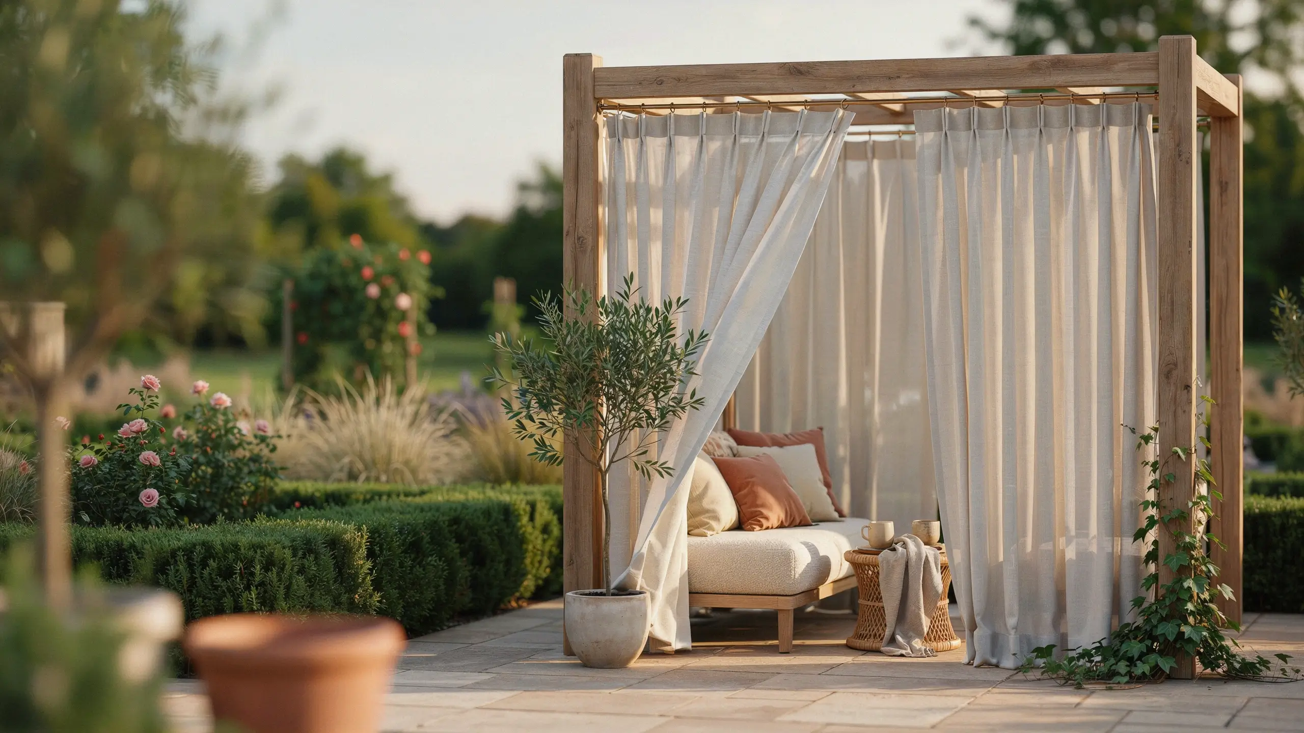 Freestanding wooden pergola with beige outdoor fabric curtains and a cozy daybed with rust pillows surrounded by a lush garden. 
