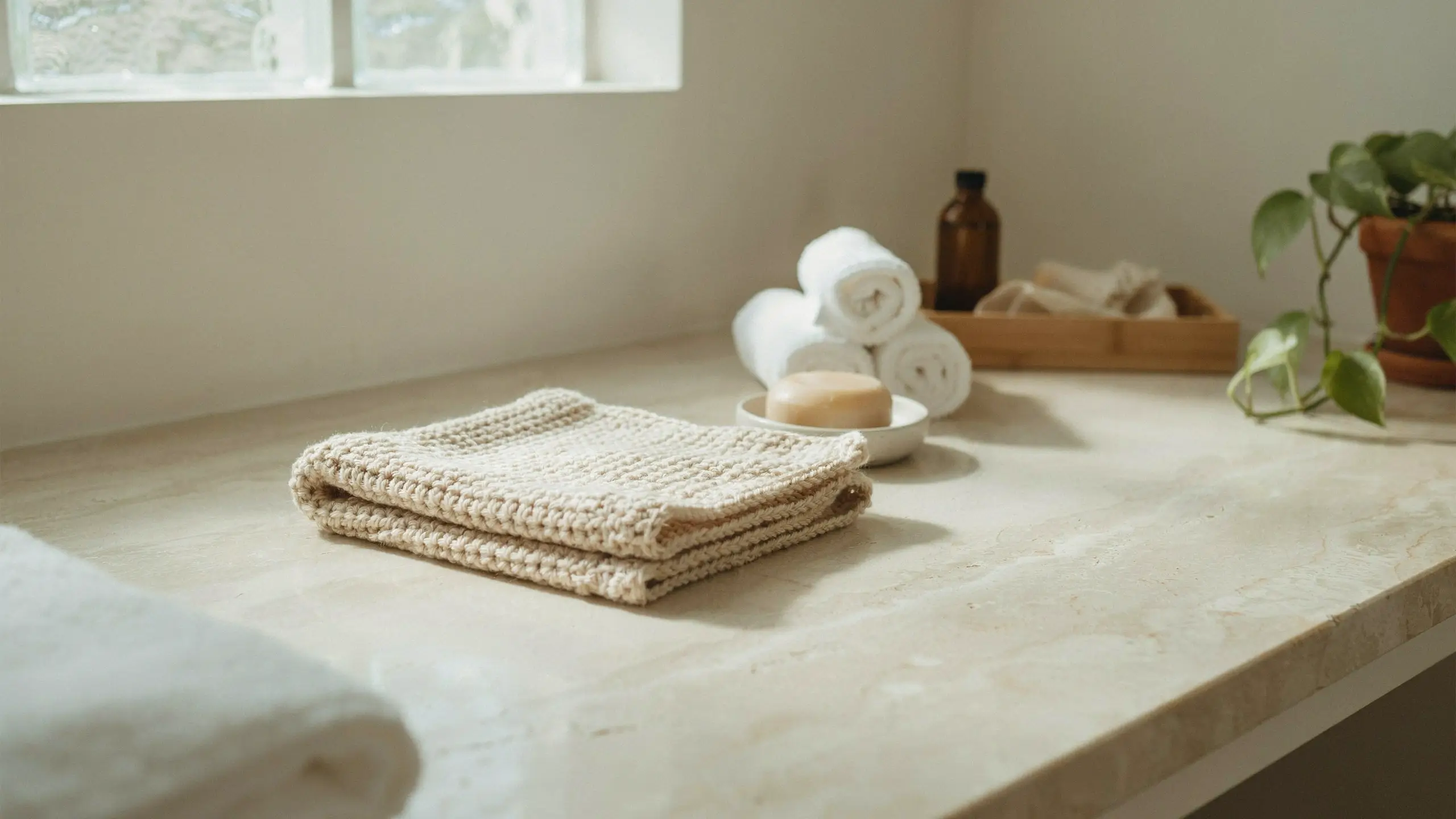 Handmade beige single crochet washcloth folded on a marble bathroom counter beside a natural soap bar and rolled white towels.