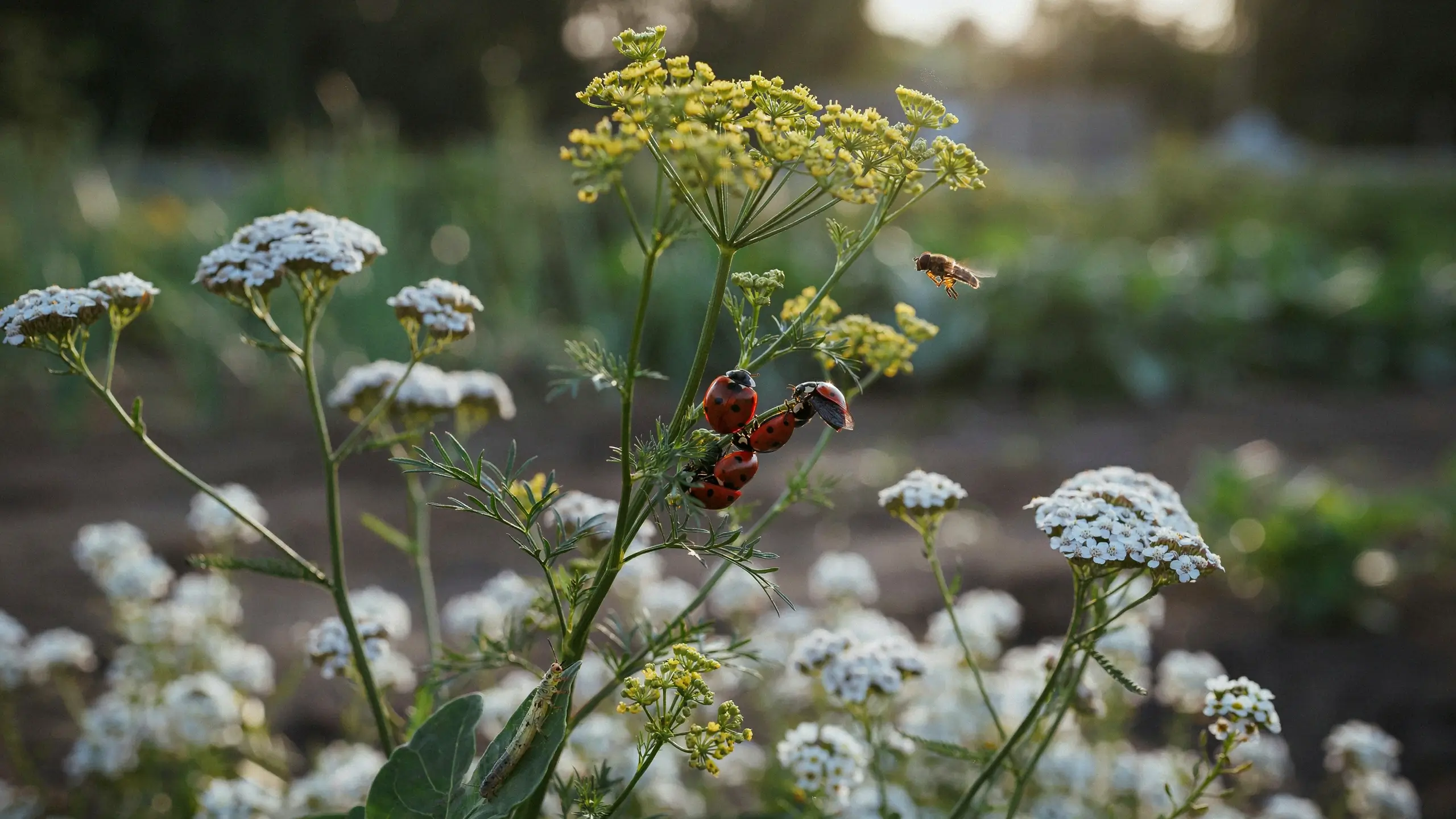 Red ladybugs and a flying hoverfly beneficial insects on white yarrow flowers for natural garden pest control
