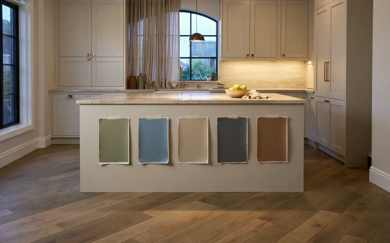 Five kitchen island paint color samples displayed on a neutral island in a warm modern kitchen.