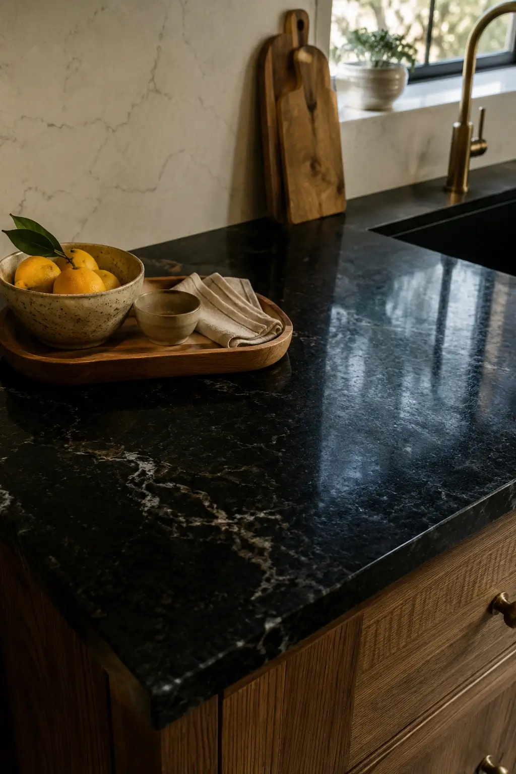 Wood tray with lemons and a ceramic bowl styled on a black granite kitchen counter.