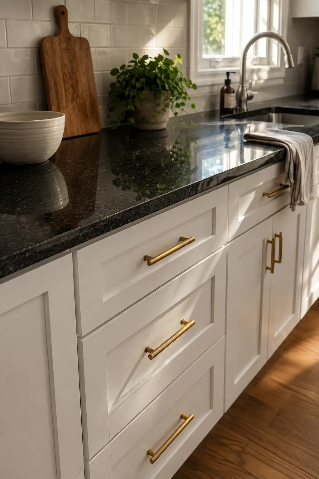 White shaker kitchen cabinets with warm brass bar handles under polished black granite countertops.
