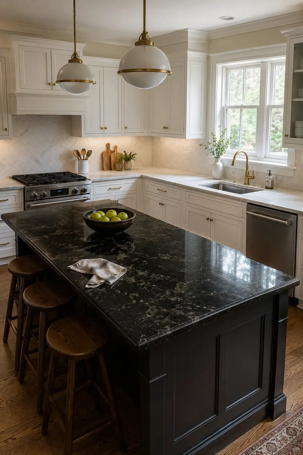 Kitchen with black granite island and lighter quartz perimeter countertops for built-in contrast
