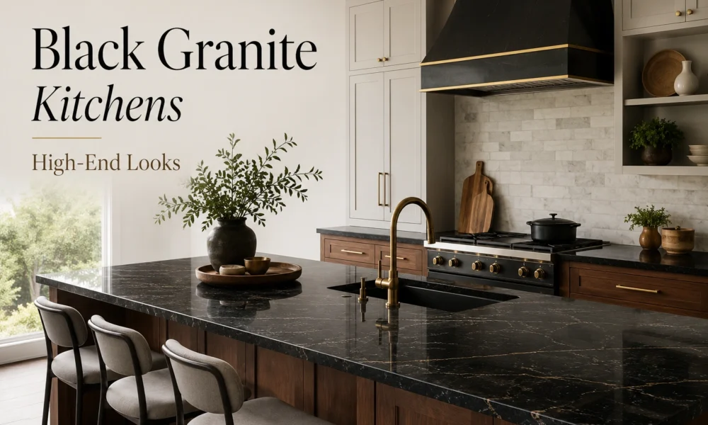 Luxury kitchen with black granite countertops, wood island, brass faucet, white cabinets, and black range hood