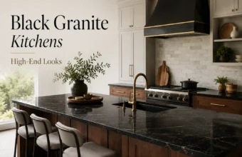 Luxury kitchen with black granite countertops, wood island, brass faucet, white cabinets, and black range hood