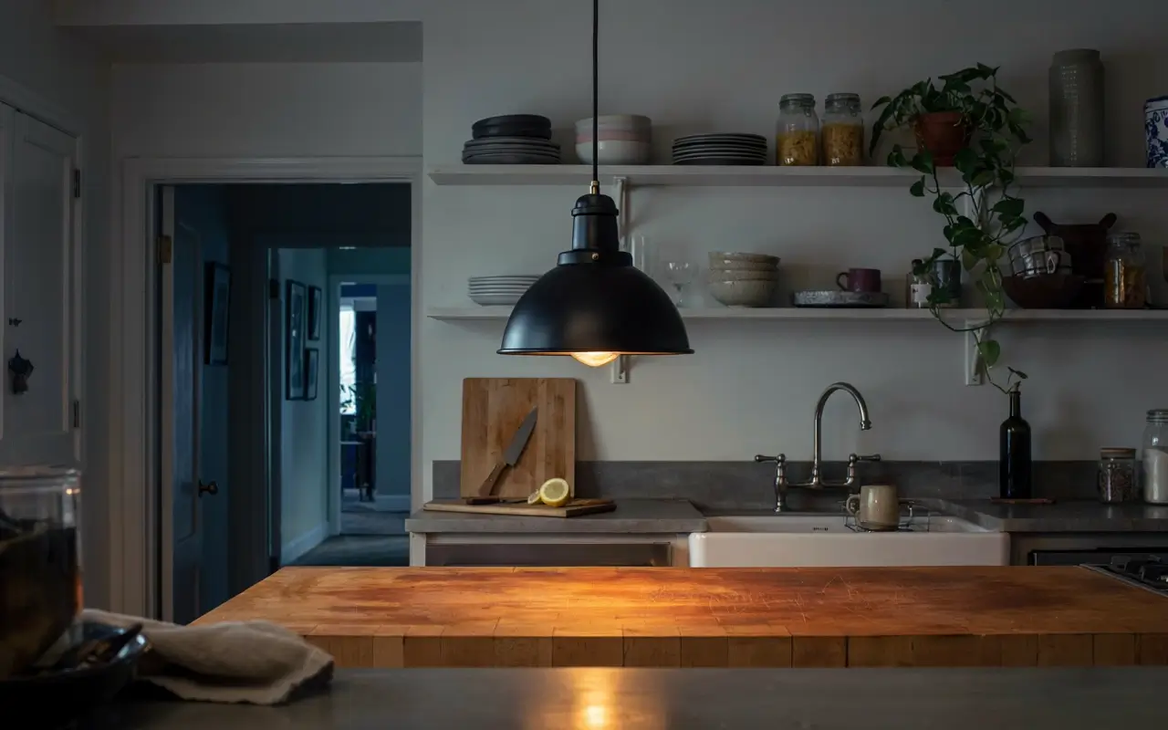 Black iron pendant light glowing over a wooden kitchen island near a farmhouse sink and open shelves.