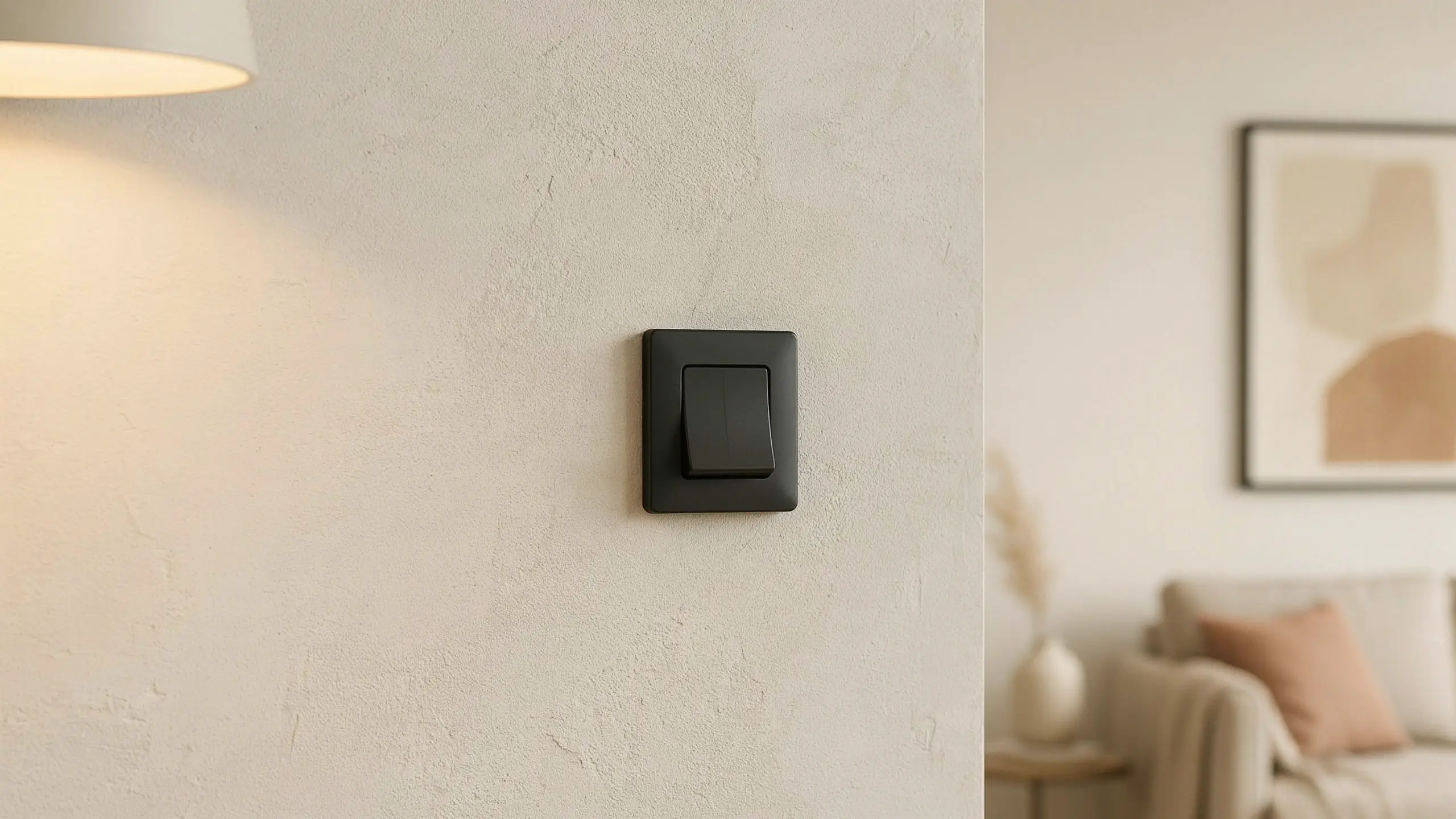 A sleek matte black rocker light switch installed on a textured, off-white stucco wall in a modern, minimalist living room with warm ambient lighting.