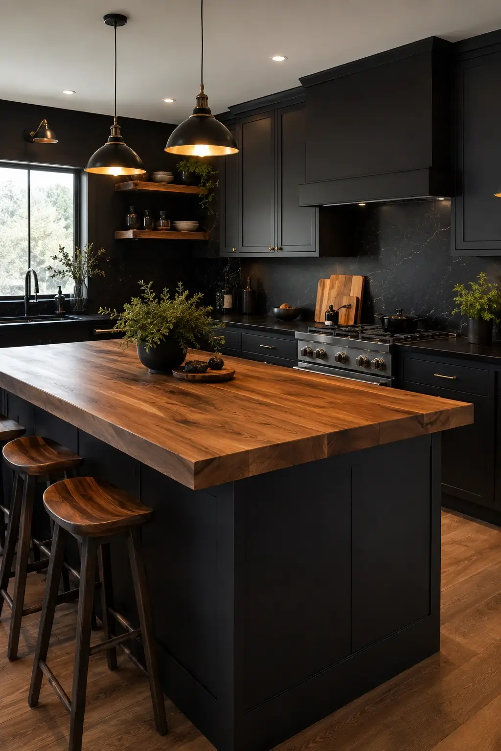 Black-on-black kitchen with granite backsplash and a warm wood island top.