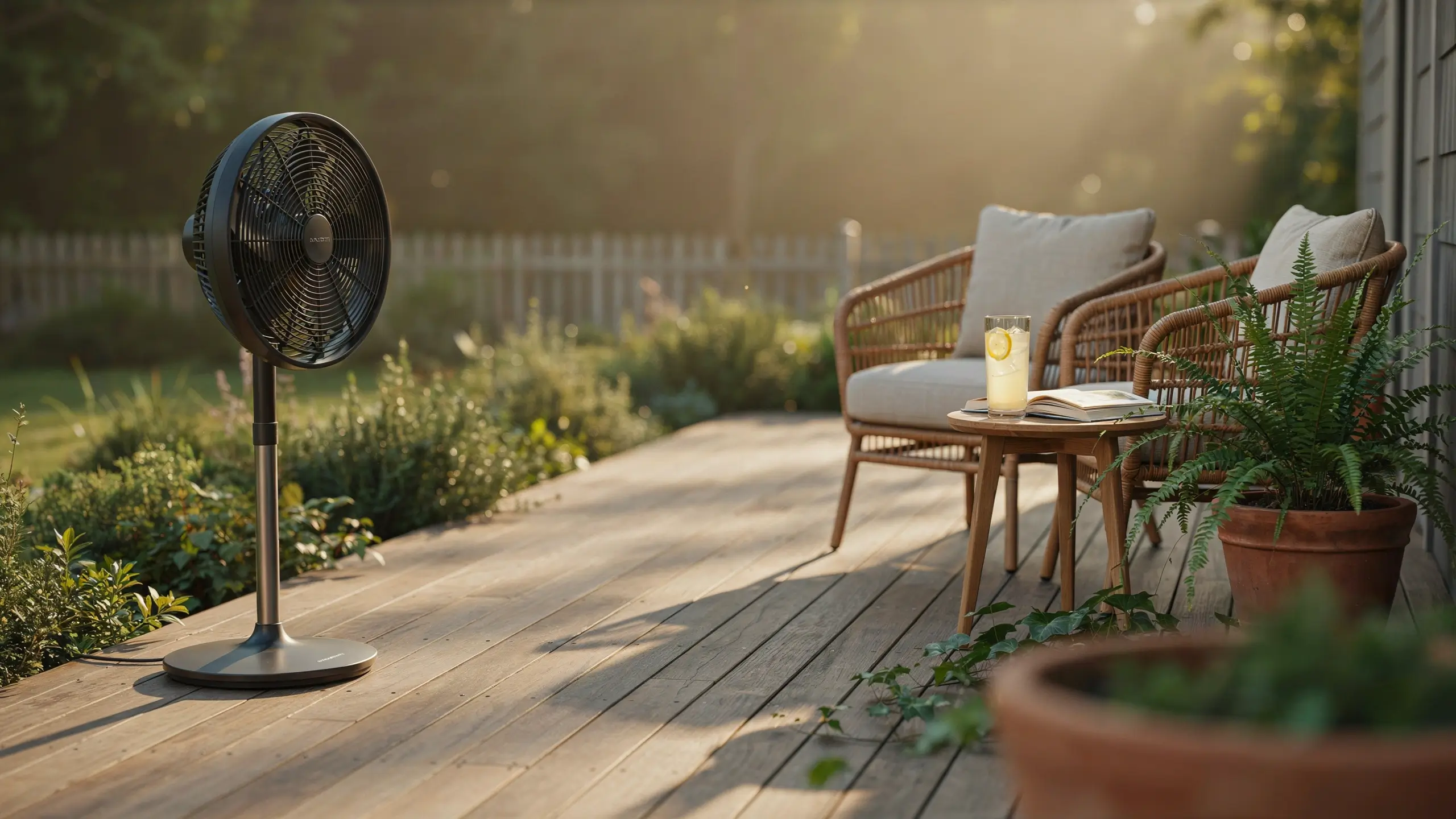 Black outdoor pedestal fan cooling a sunny wooden patio seating area with chairs and lemonade.