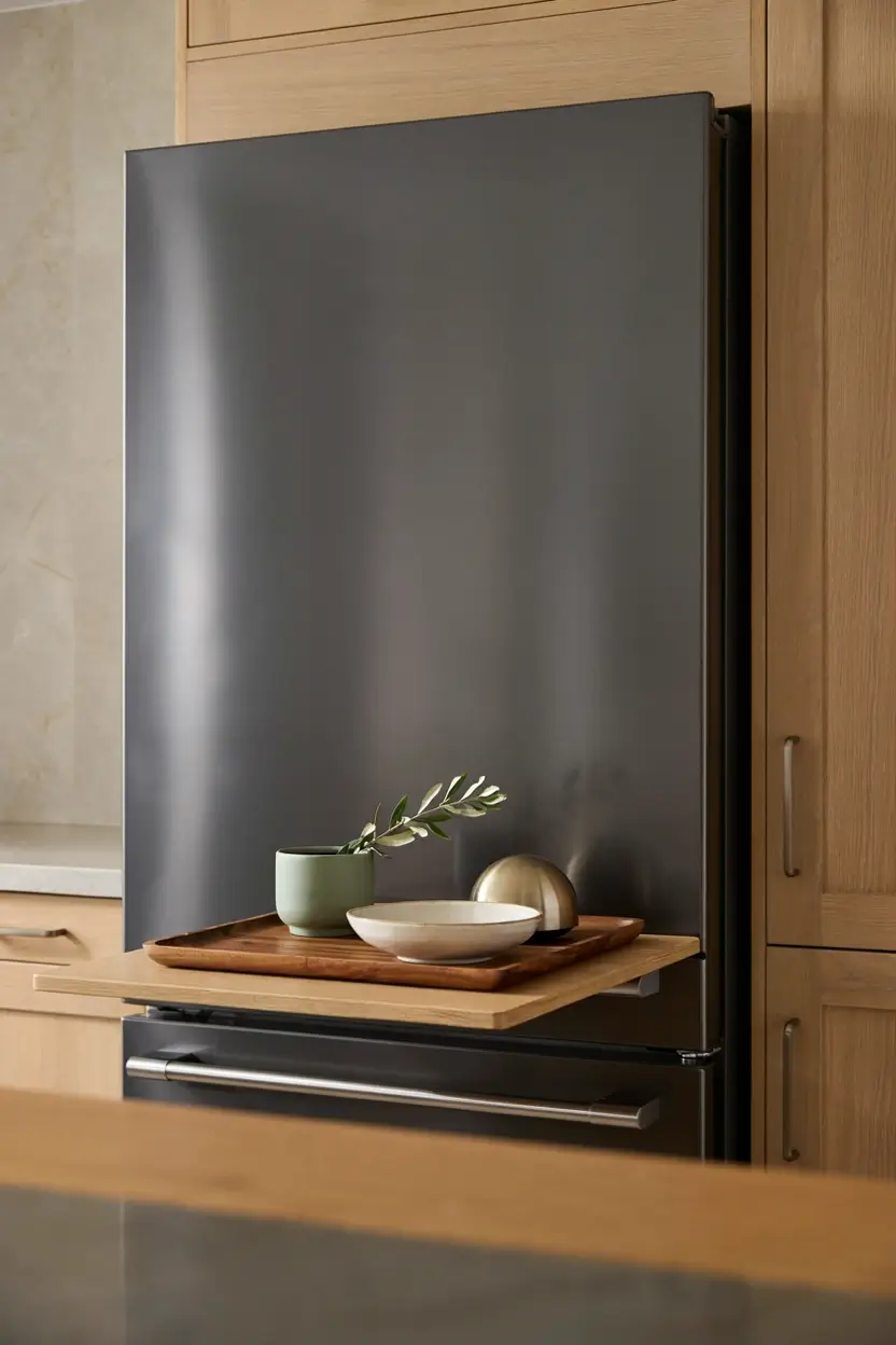 Black stainless steel fridge styled with a wooden tray, ceramic bowl, green vase, and olive branch.