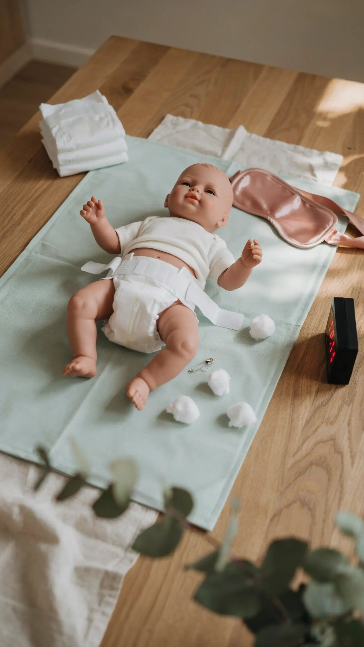 A realistic baby doll lying on a mint green changing mat, wearing a white onesie and diaper, surrounded by cotton balls and a safety pin for a blindfolded sensory play activity. 