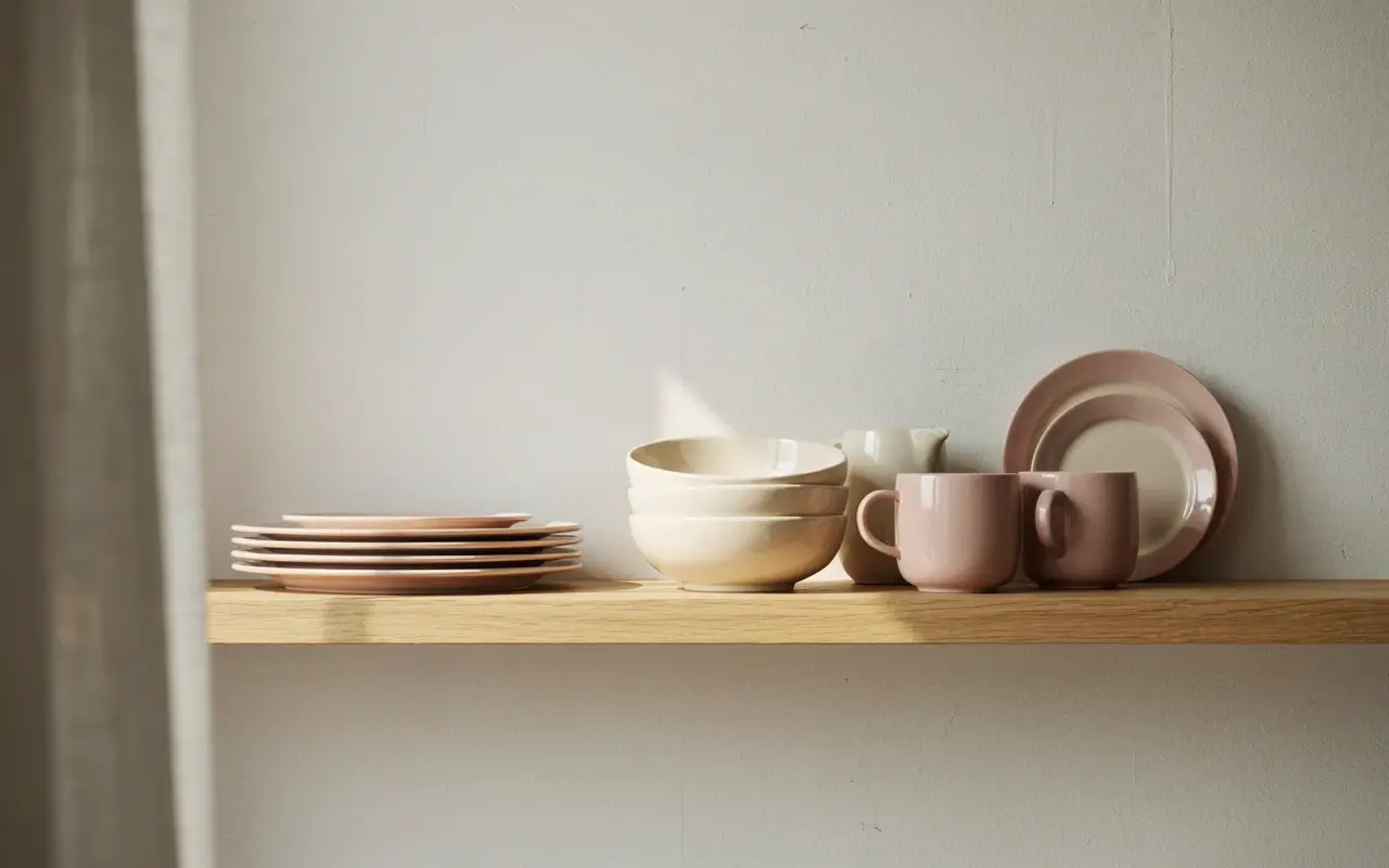 Blush and cream ceramic plates, bowls, and mugs on a wood open shelf in warm morning light.