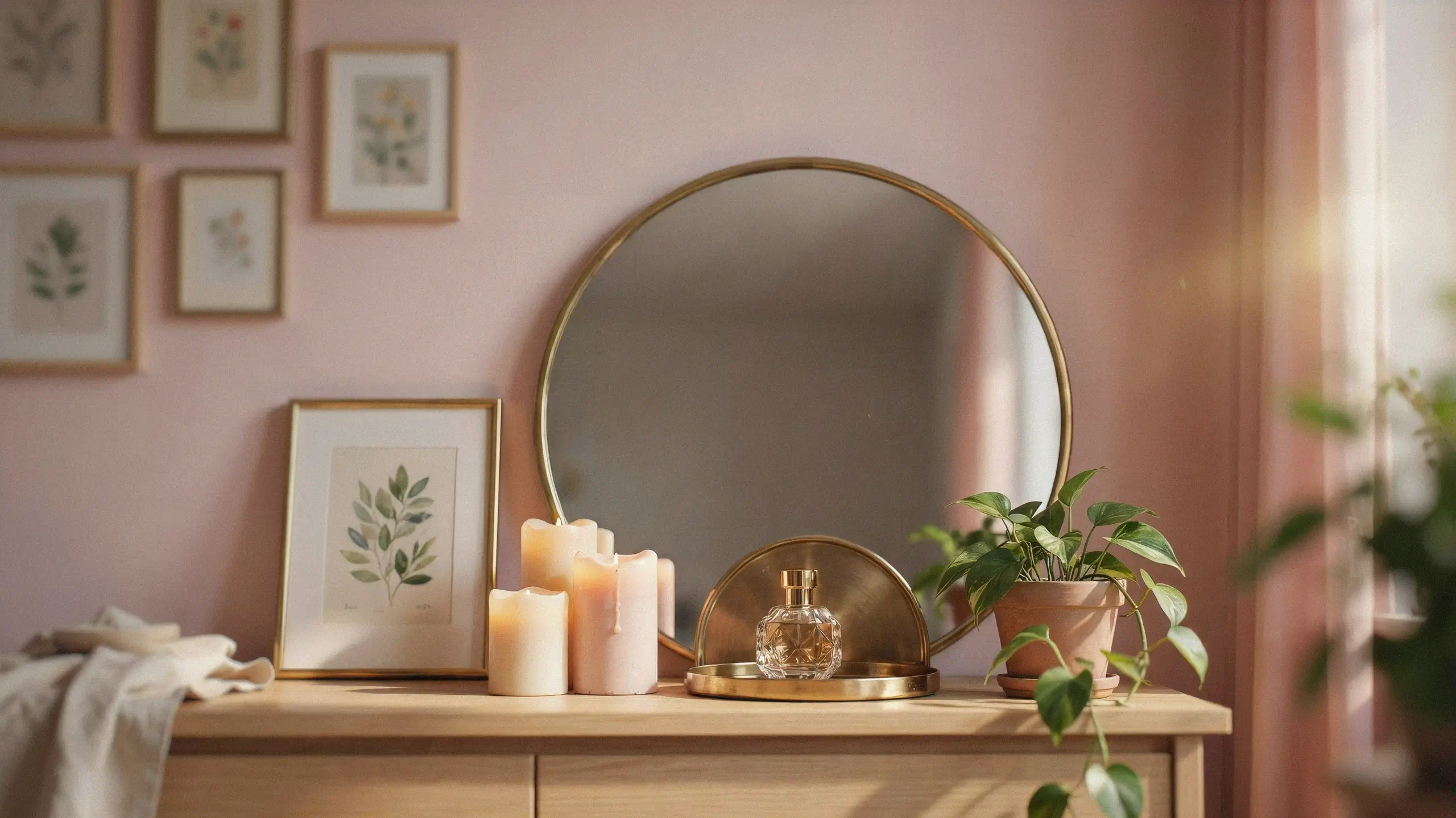 Finishing touches: A round gold mirror, botanical wall art, candles, and pothos plant on a pink vanity. 