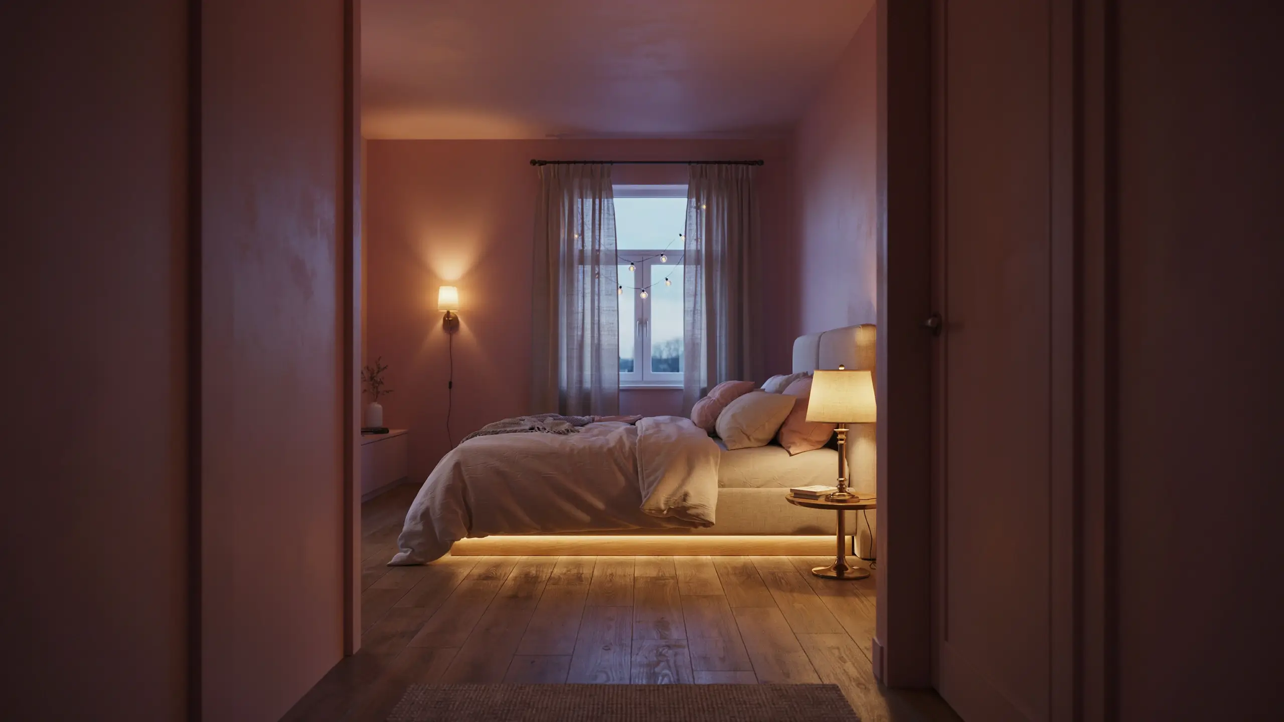 A cozy modern blush pink bedroom featuring a warm brass wall sconce, a hidden LED strip backlight behind the velvet headboard, and delicate string lights draped over a large window with sheer white curtains. The room highlights light wood flooring and a dusky twilight city view