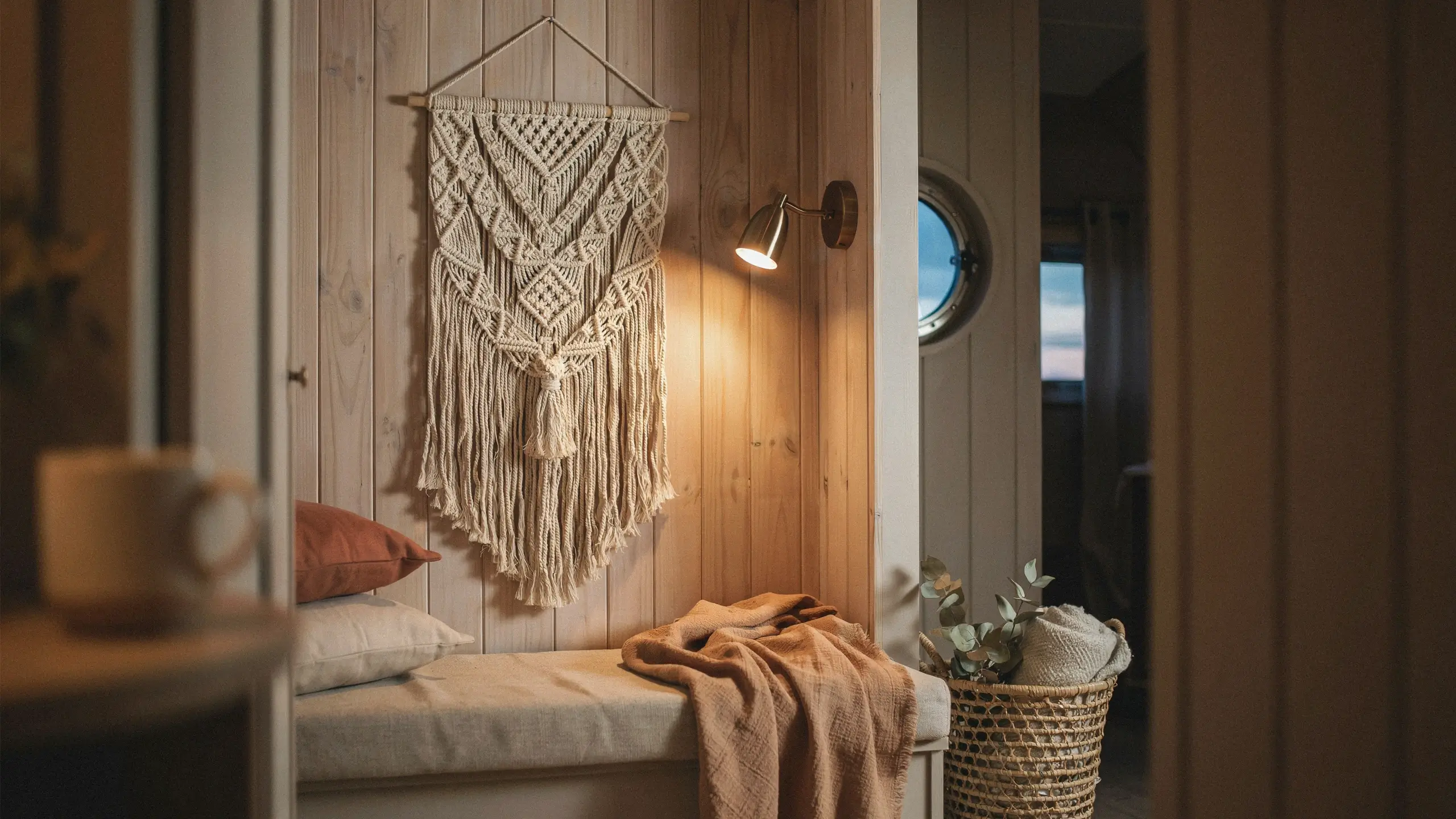 Cozy bohemian camper interior with a cream macrame wall hanging, warm wall sconce lighting, rustic linen pillows, and a woven basket containing faux eucalyptus stems to incorporate low-maintenance greenery. 