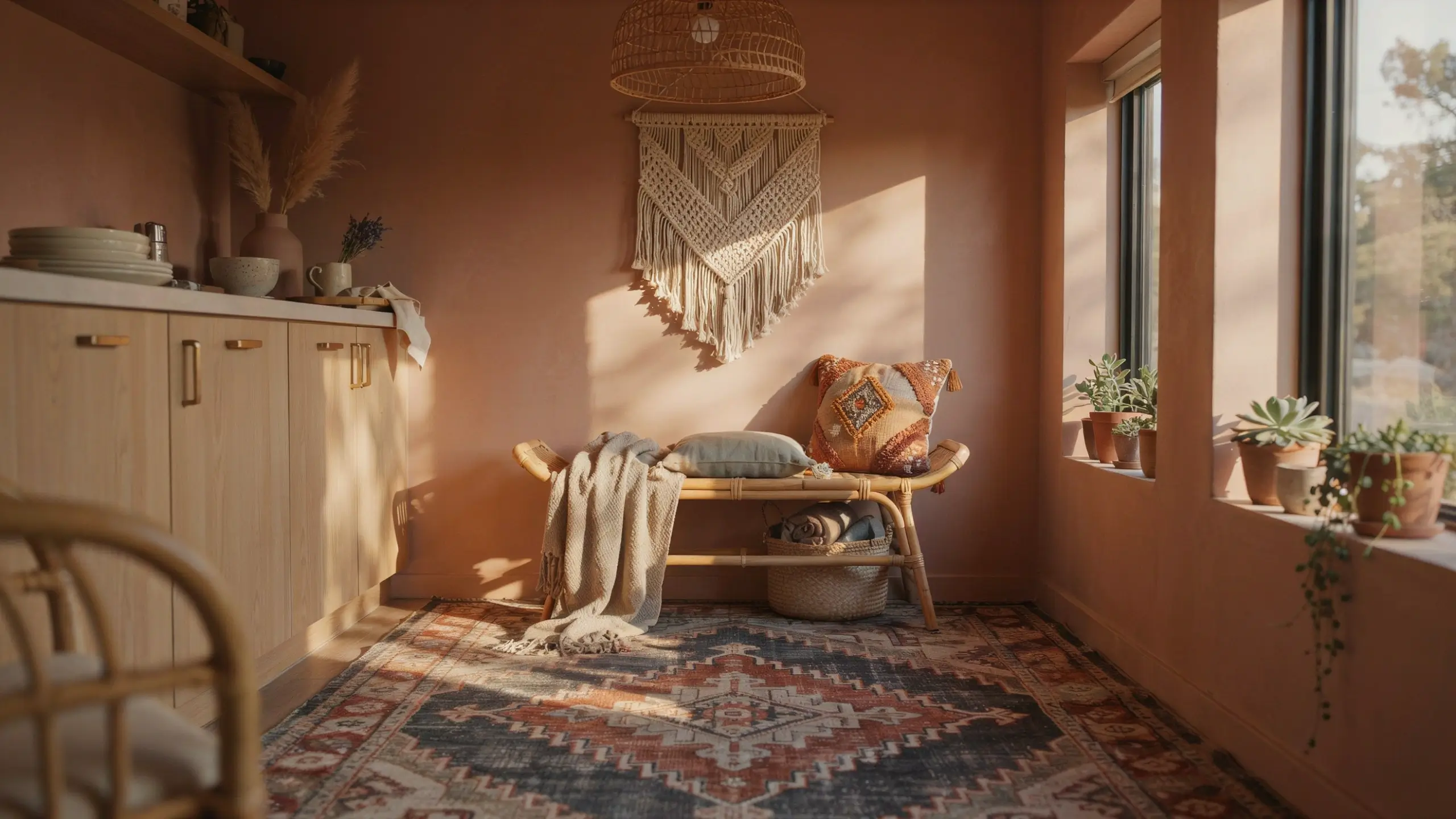 boho-desert-interior-terracotta-rattan-bench