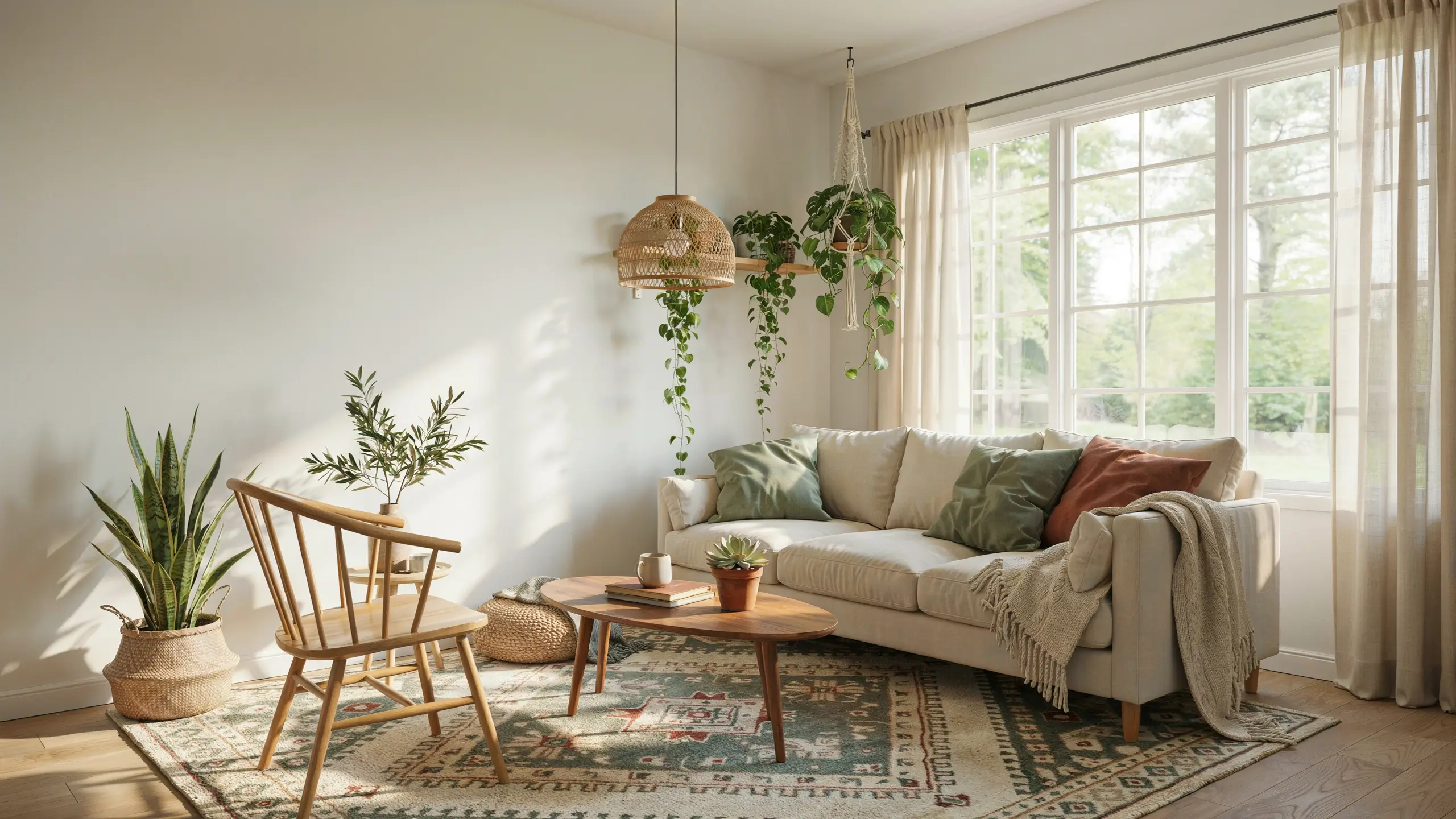 Sunlit boho living room with a cream sofa, rattan pendant, hanging plants, wood furniture, and a patterned rug.