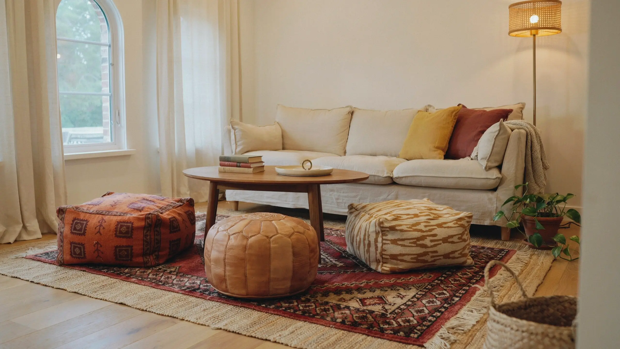 Boho living room with floor cushions and a leather pouf arranged around a low wooden coffee table